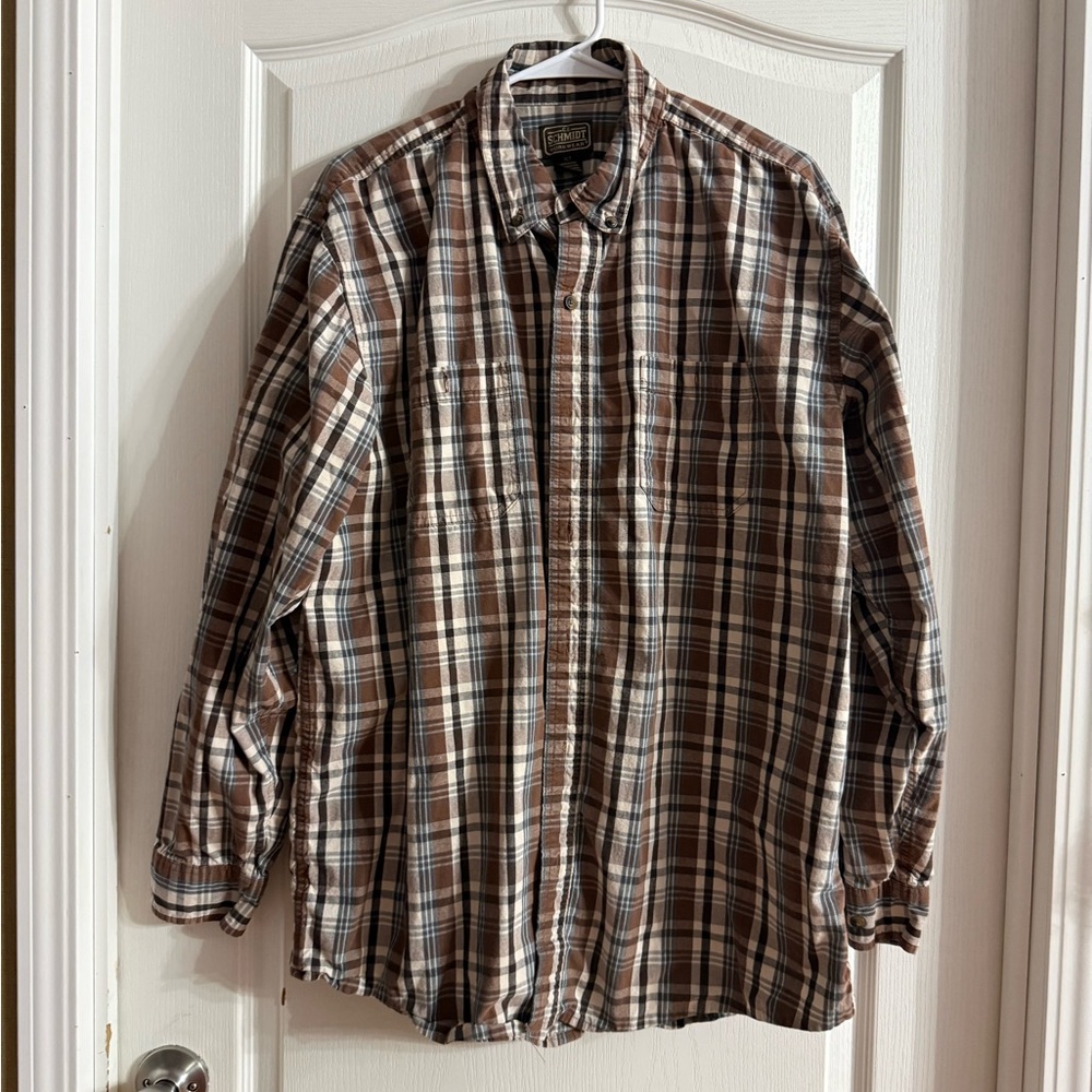 Schmidt Workwear Men’s Brown Plaid Button Up Sz XLT. F-39